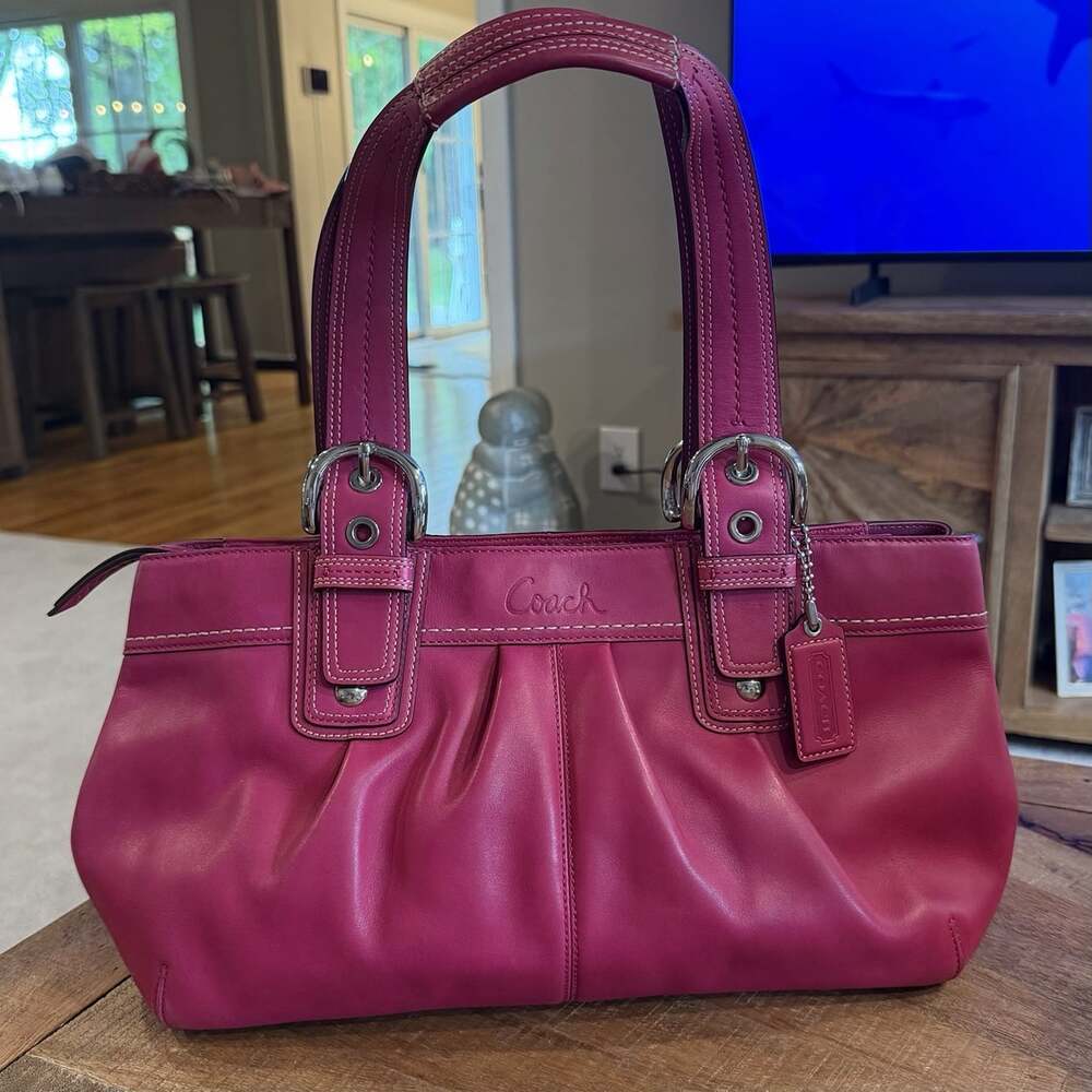 Retro Y2K Coach Soho Pleated Leather Shoulder Bag Tote Pink Fuchsia F13732